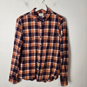 Pact Women's Size M Mila Organic Cotton Button-Up Orange Plaid Flannel Shirt